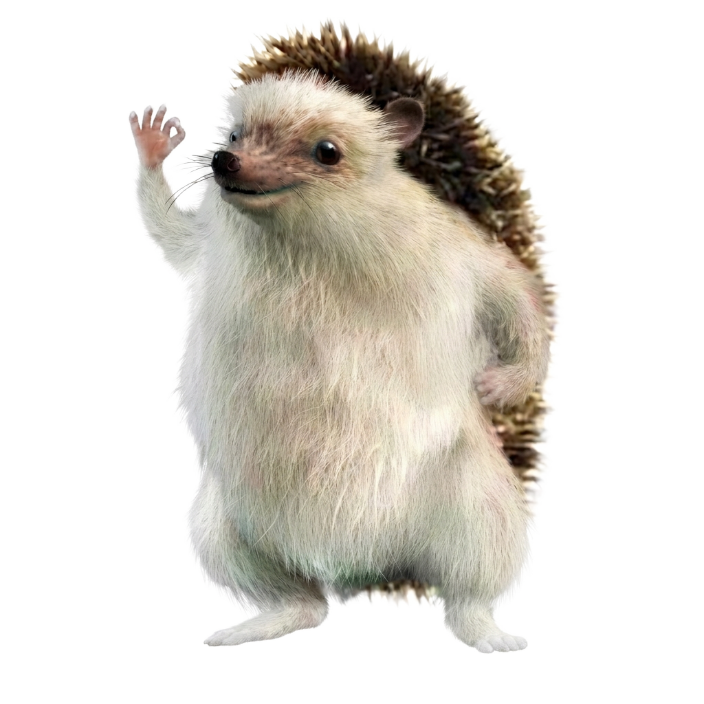 Joe the Tesla Hedgehog mascot: a small white hedgehog standing upright and waving